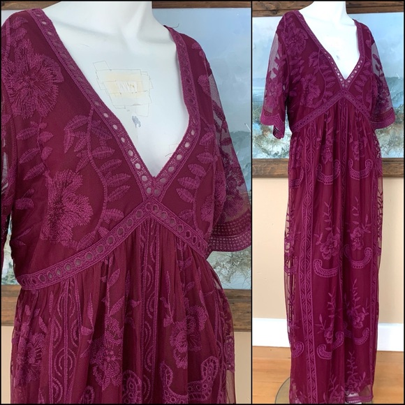 Pinkblush Dresses & Skirts - NWT Maroon Lace Overlay Maxi Dress | Flutter Sleeve V-Neck Full Length Gown